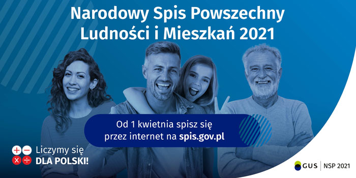 Banner informacyjny o Narodowym Spisie Powszechnym, osoby na niebieskim tle, napis "wejdź na spis.gov.pl i spisz się! Spis trwa od 1 kwietnia",