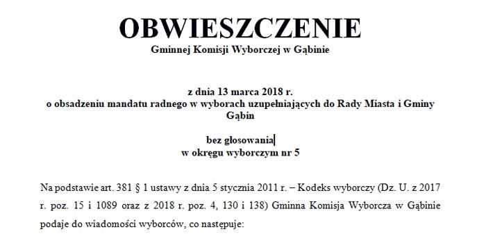 Obwieszczenie Gminnej Komisji Wyborczej w Gąbinie z dnia 13 marca 2018 r.